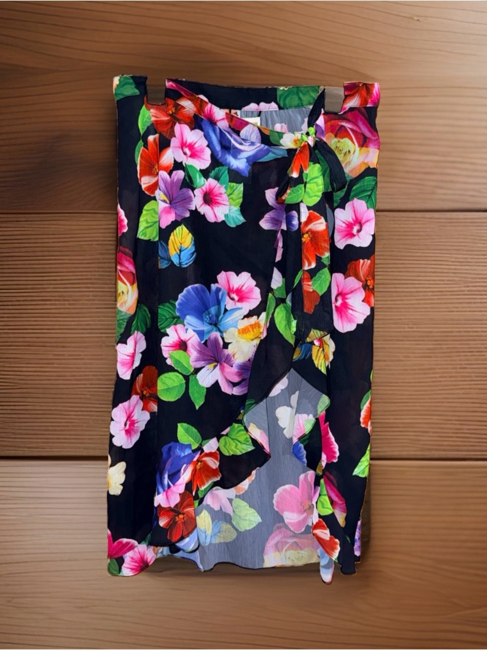 Isaac Mizrahi Live Black Floral Asymmetrical Wrap Skirt w/Multicolor Blooms-M-EC